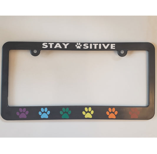 LGBTQ Pride Rainbow Paw Print Trail STAY PAWSITIVE License Plate Frame | Universal Fit