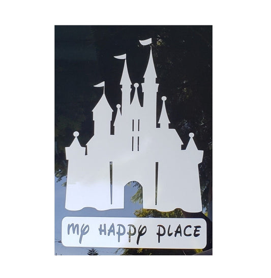 Disneyland or Disneyworld Castle Novelty Sticker Decal for Car, Truck, SUV, Van, Wall- Reads "My Happy Place" Pink or White